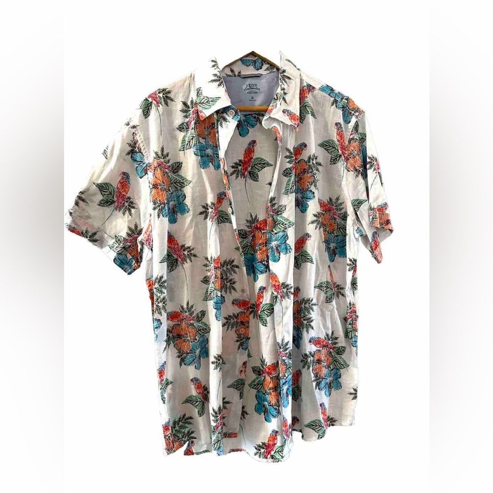 Izod Saltwater Relaxed Classics Mens XL White Floral Parrot Hawaiin Shirt Aloha